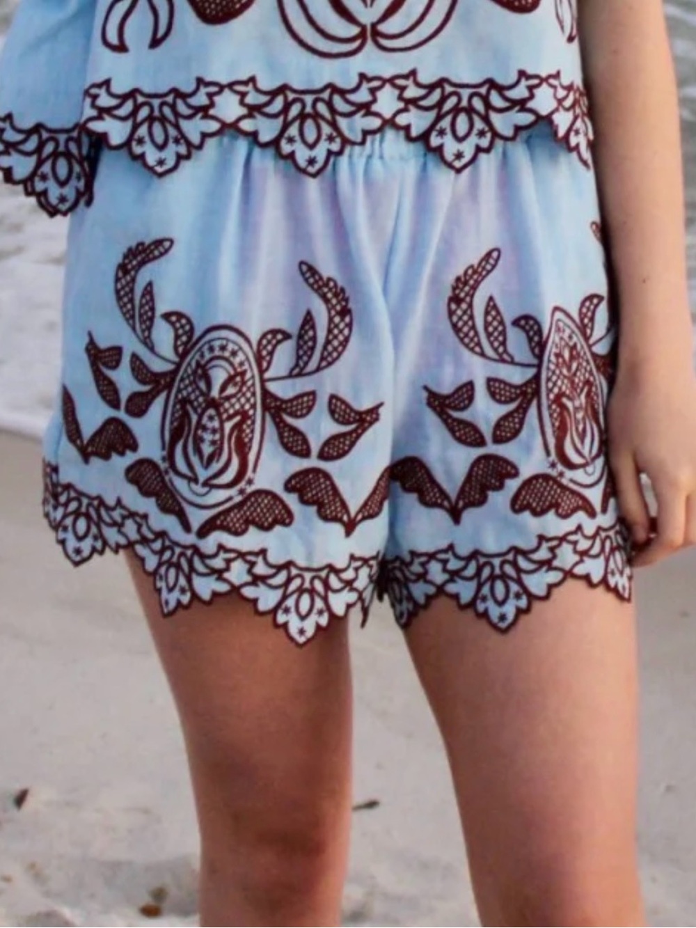 THML Light Blue Shorts with Brown Embroidered Trim